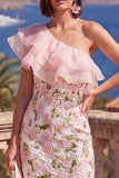 One Shoulder Pink Sheath Ruffled Midi Floral Dress with Slit