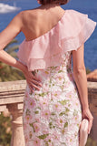 One Shoulder Pink Sheath Ruffled Midi Floral Dress with Slit