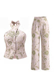 Halter Green Flower 2 Piece Single Breasted Women Suits with Pockets