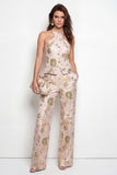 Green Flower 2-Piece Halter Neck Single Breasted Jacquard Women Suits