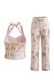 Halter Green Flower 2 Piece Single Breasted Women Suits with Pockets