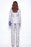 2 Piece Blue Flower Peak Lapel Jacquard One Button Women Suits