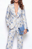 2 Piece Blue Flower Peak Lapel Jacquard One Button Women Suits
