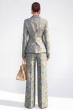 Peak Lapel Grey Blue 2 Piece Single Breasted Floral Women Suits