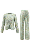 Green Floral Single Breasted 2 Piece Round Neck Jacquard Women Suits