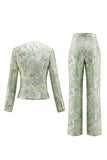 Green Floral Single Breasted 2 Piece Round Neck Jacquard Women Suits