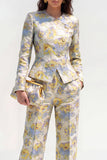 Yellow Flower 2 Piece Round Neck Single Breasted Jacquard Women Suits