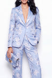 Blue Notch Lapel 2 Piece Jacquard One Button Slim Fit Women Suits