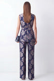 Navy Jacquard 2 Piece Shawl Lapel Women Suits with Belt