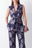 Navy Jacquard 2 Piece Shawl Lapel Women Suits with Belt