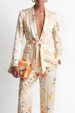 Champagne 2 Piece Shawl Lapel Floral Women Suits with Belt