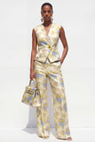 Yellow Floral 2 Piece V-Neck One Button Jacquard Women Suits with Pockets