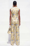 Yellow Floral 2 Piece V-Neck One Button Jacquard Women Suits with Pockets