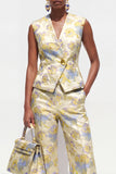 Yellow Floral 2 Piece V-Neck One Button Jacquard Women Suits with Pockets