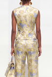 Yellow Floral 2 Piece V-Neck One Button Jacquard Women Suits with Pockets