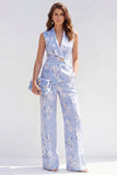 2 Piece Blue Shawl Lapel Floral One Button Women Suits with Pockets