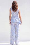 2 Piece Blue Shawl Lapel Floral One Button Women Suits with Pockets
