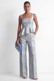 2 Piece Grey Blue Jacquard Square Neck Ruffled Women Suits with Pockets