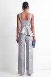 2 Piece Grey Blue Jacquard Square Neck Ruffled Women Suits with Pockets