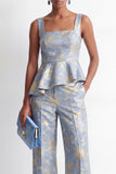 2 Piece Grey Blue Jacquard Square Neck Ruffled Women Suits with Pockets