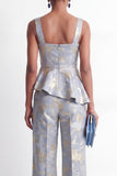 2 Piece Grey Blue Jacquard Square Neck Ruffled Women Suits with Pockets