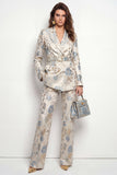 Peak Lapel Grey Blue Flower 2 Piece Double Breasted Women Suits with Belt