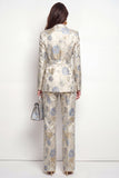 Peak Lapel Grey Blue Flower 2 Piece Double Breasted Women Suits with Belt