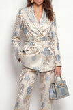 Peak Lapel Grey Blue Flower 2 Piece Double Breasted Women Suits with Belt