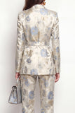 Peak Lapel Grey Blue Flower 2 Piece Double Breasted Women Suits with Belt