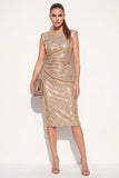 Sparkly Golden Bodycon Round Neck Sequins Midi Work Dress with Slit