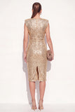 Sparkly Golden Bodycon Round Neck Sequins Midi Work Dress with Slit