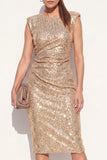 Sparkly Golden Bodycon Round Neck Sequins Midi Work Dress with Slit