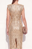 Sparkly Golden Bodycon Round Neck Sequins Midi Work Dress with Slit