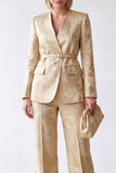 Golden 2 Piece V-Neck Jacquard Women Suits with Belt