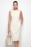 Ivory Sheath Bateau Neck Midi Work Dress with Pockets