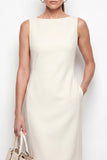 Ivory Sheath Bateau Neck Midi Work Dress with Pockets