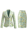 2 Piece Green Flower Peak Lapel Single Breasted Jacquard Work Dress with Slit