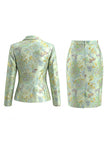 2 Piece Green Flower Peak Lapel Single Breasted Jacquard Work Dress with Slit
