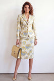 2 Piece Yellow Flower Peak Lapel Single Breasted Jacquard Work Dress with Slit