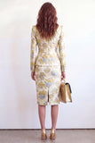 2 Piece Yellow Flower Peak Lapel Single Breasted Jacquard Work Dress with Slit