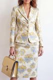 2 Piece Yellow Flower Peak Lapel Single Breasted Jacquard Work Dress with Slit
