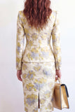 2 Piece Yellow Flower Peak Lapel Single Breasted Jacquard Work Dress with Slit