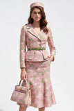 Green Pink Flower Notch Lapel 2 Piece Single Breasted Midi Work Dress with Belt