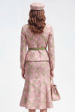 Green Pink Flower Notch Lapel 2 Piece Single Breasted Midi Work Dress with Belt