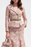 Green Pink Flower Notch Lapel 2 Piece Single Breasted Midi Work Dress with Belt