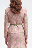 Green Pink Flower Notch Lapel 2 Piece Single Breasted Midi Work Dress with Belt