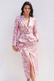Pink Fuchsia Flower 2 Piece Peak Lapel Midi Dress with Slit