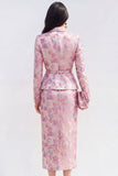 Pink Fuchsia Flower 2 Piece Peak Lapel Midi Dress with Slit