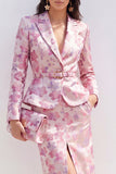 Pink Fuchsia Flower 2 Piece Peak Lapel Midi Dress with Slit