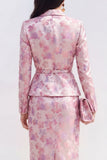 Pink Fuchsia Flower 2 Piece Peak Lapel Midi Dress with Slit